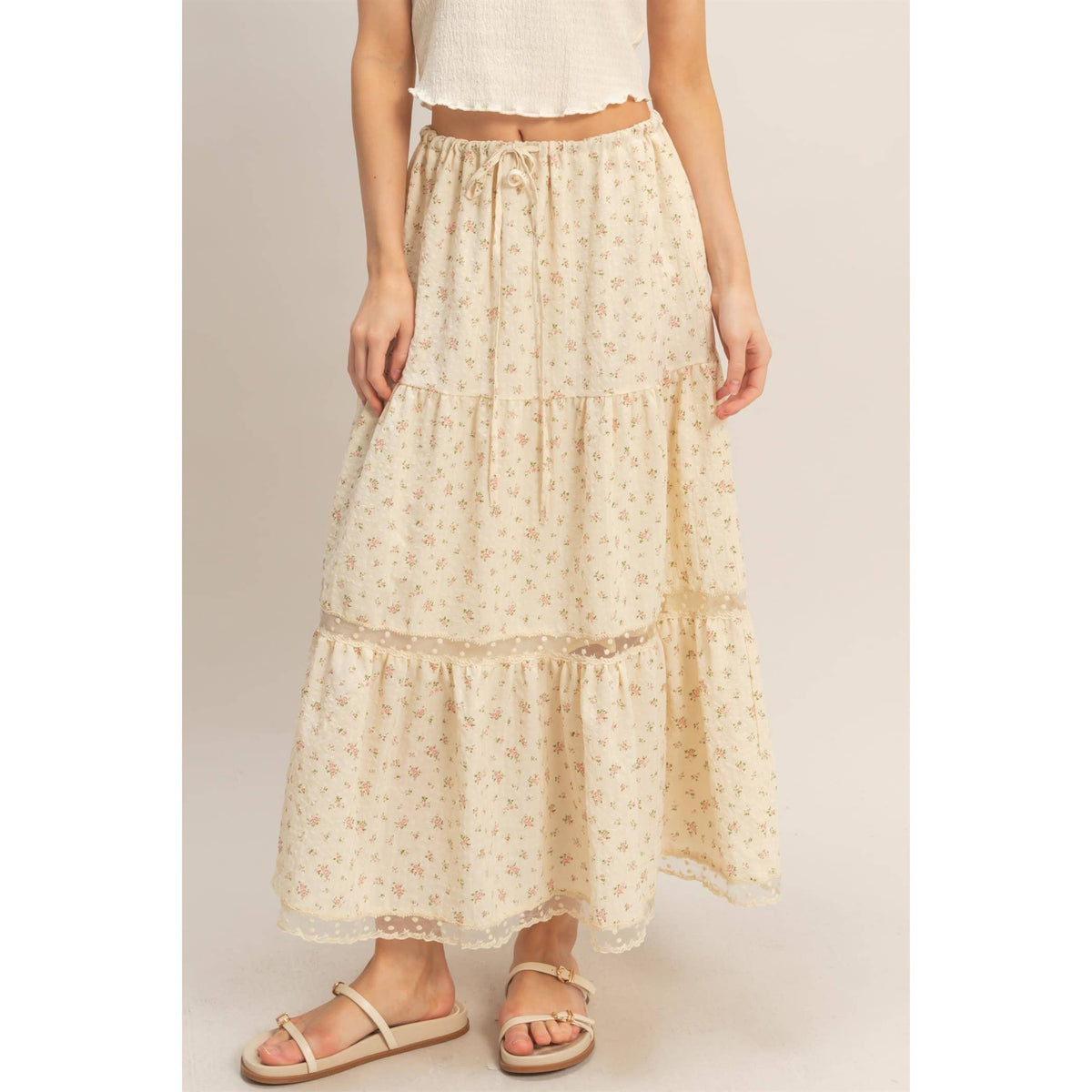 The Willow Lace Tiered Skirt: Cream/Brown Floral