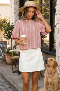 The Blakely Plaid Bow Back Blouse: Red – Bubble Sleeve Feminine Tie Back Top