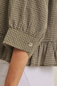 MORNING OAT MICRO CHECK RUFFLE HEM BUTTON-DOWN SHIRT: VANILLA / S