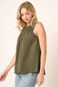 Stacie Smocked Airlfow Sleeveless Blouse: Olive