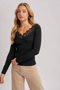 Maren Lace-Trim Ribbed Long Sleeve Top – Black V-Neck Essential | Northern Belle Boutique