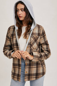 Rowan Hooded Plaid Flannel Shacket – Mocha & Taupe Button-Front Jacket