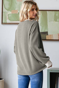 Saylor Contrast Ribbed Knit Top – Relaxed Waffle Texture Long Sleeve