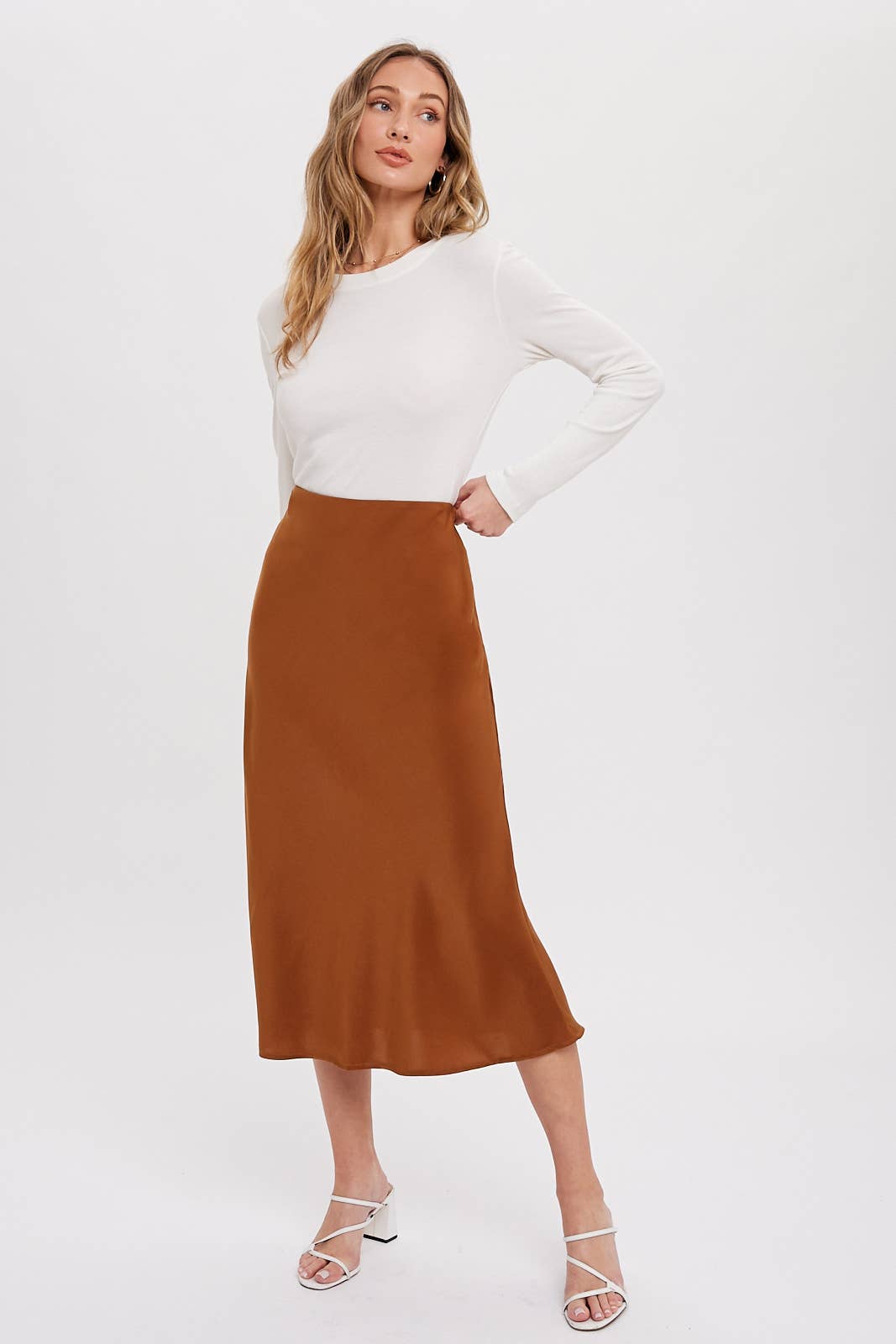 Emmersyn Satin Midi Skirt: Camel