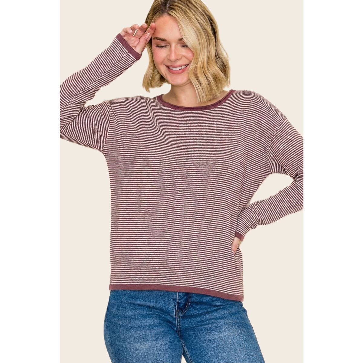 Cabernet Mini Waffle Texture Stripe Pullover Sweater: Burgundy