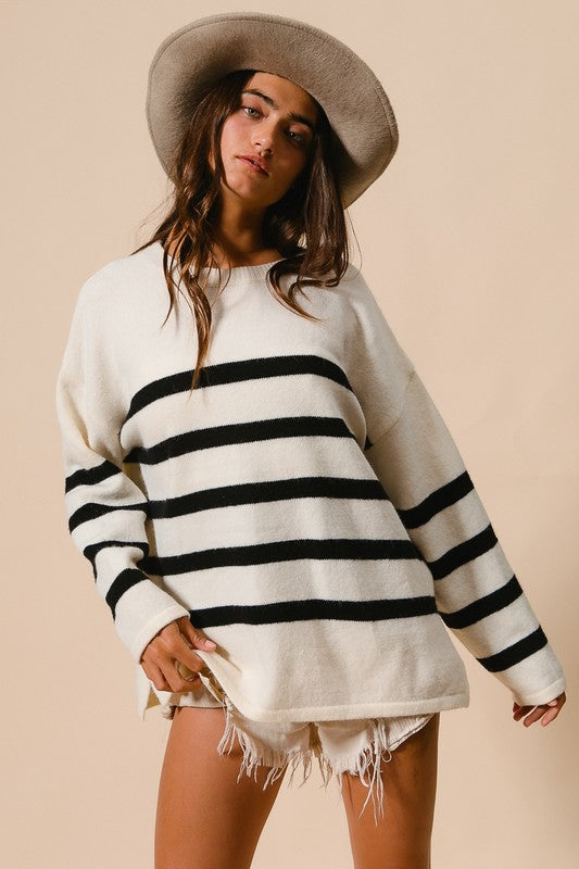 Rae Criss Cross Back Detail Stripe Sweater: Ivory/ Black