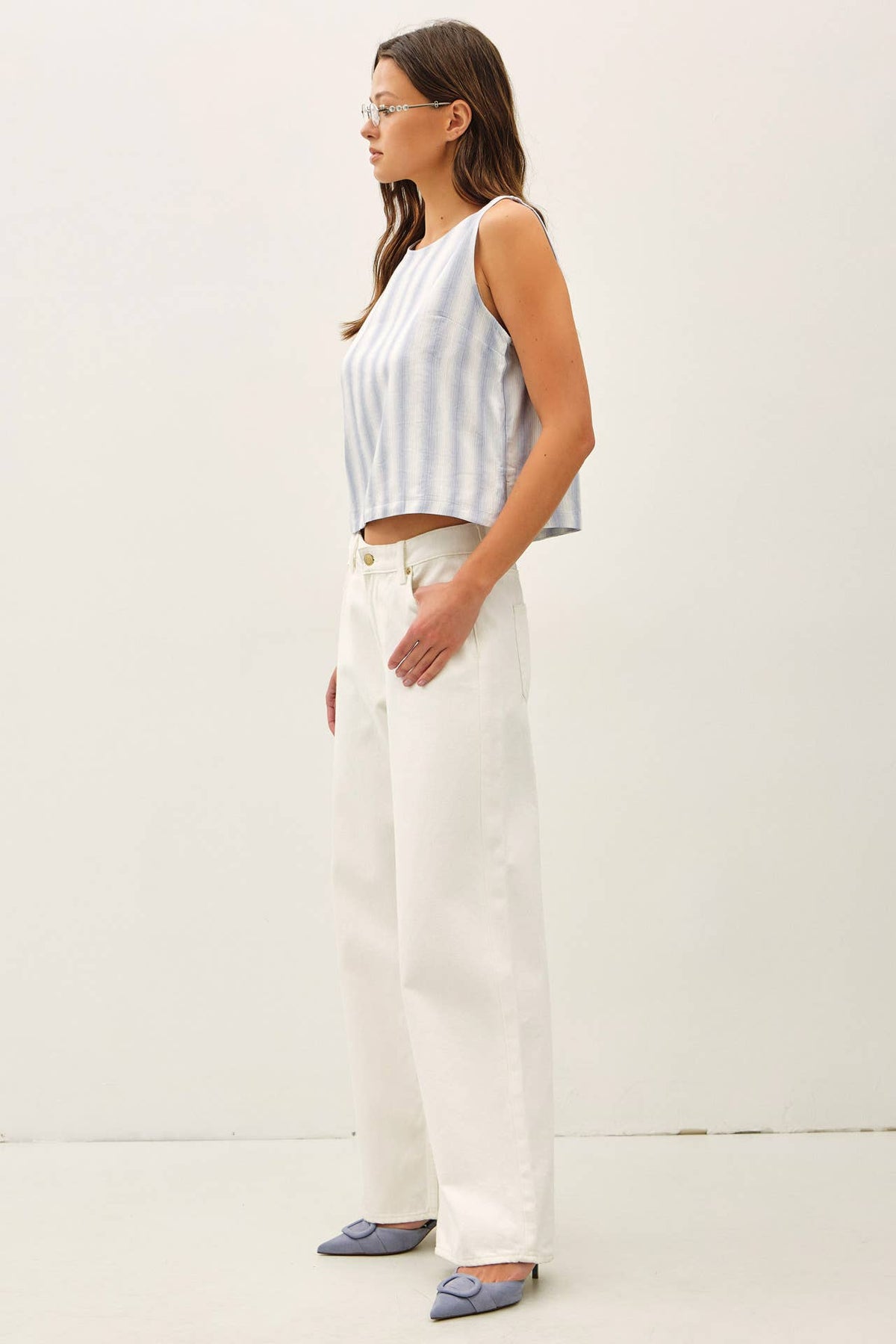 The Capri Ombre Stripe Tank: Chambray – Cropped Linen Blend Sleeveless Top