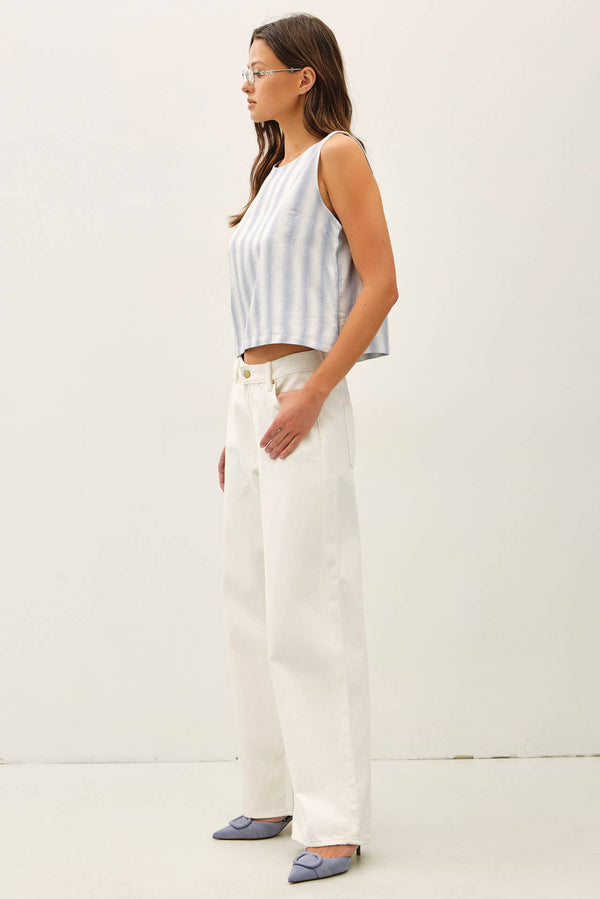 The Capri Ombre Stripe Tank: Chambray – Cropped Linen Blend Sleeveless Top