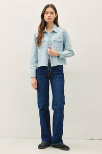 The Stevie Washed Cropped Shirt Jacket: Light Wash – Raw Edge Snap Button Shacket