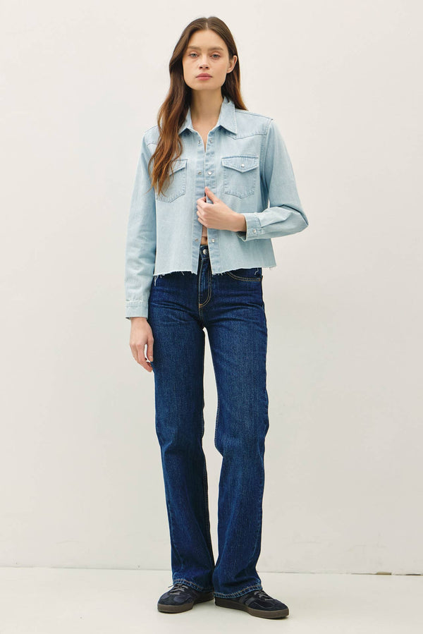 The Stevie Washed Cropped Shirt Jacket: Light Wash – Raw Edge Snap Button Shacket