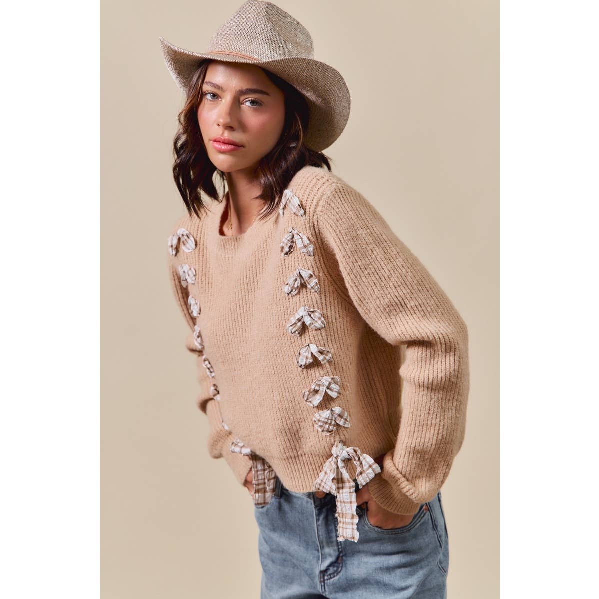 Harper Plaid Bow Detail Sweater: Taupe