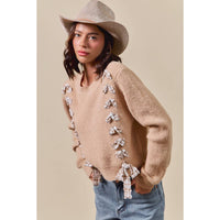 Harper Plaid Bow Detail Sweater: Taupe