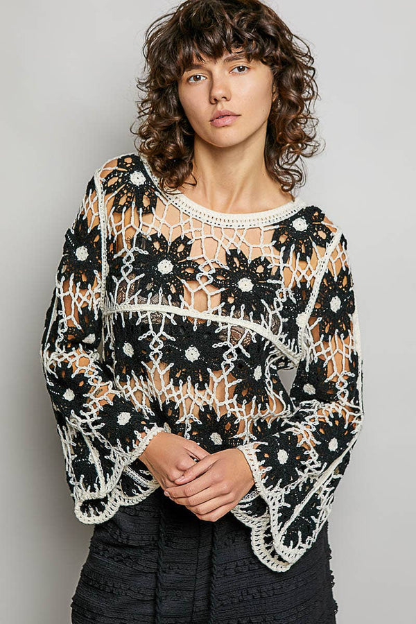 The Delilah Crochet Floral Top: Black/ Ivory