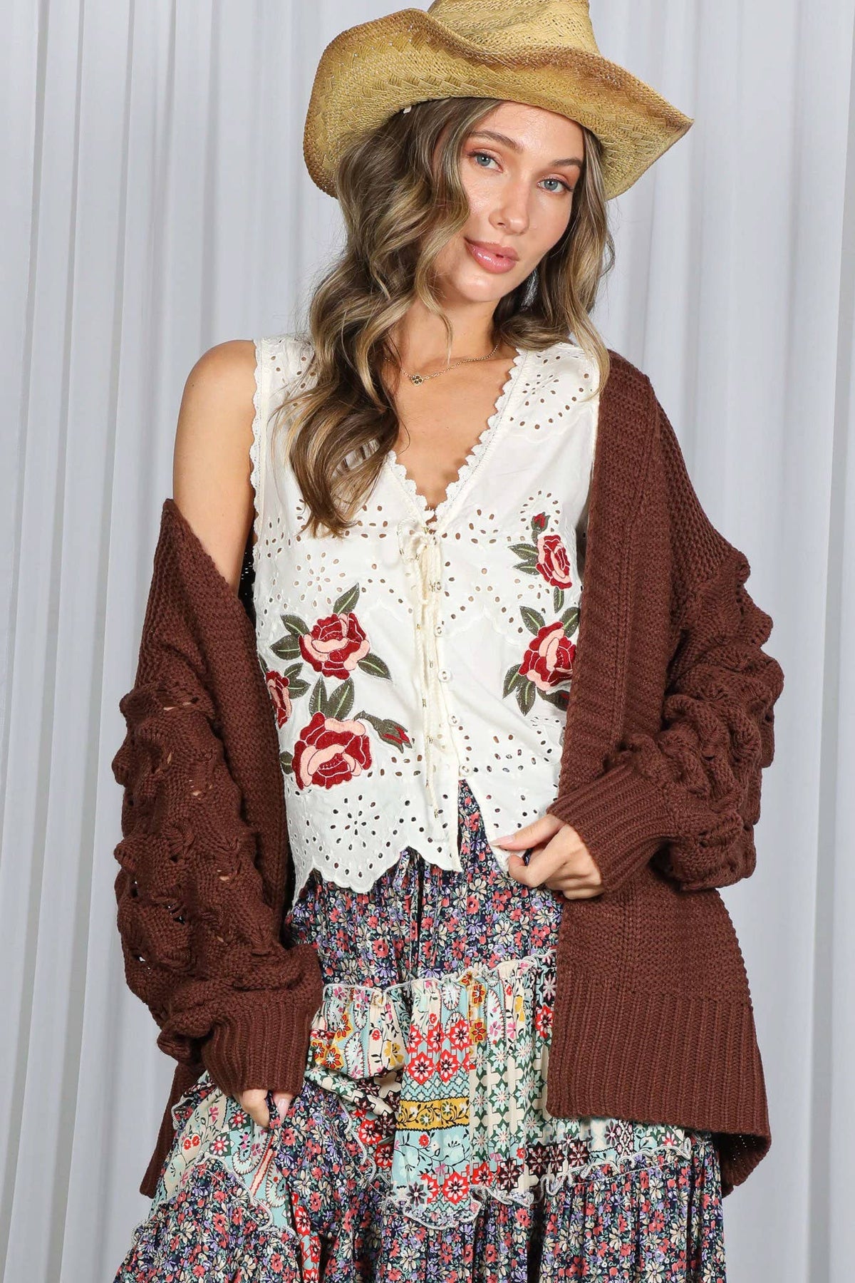 Eyelet Boho Floral Embroidery Patchwork Cotton Vest VT82314: Cream / L