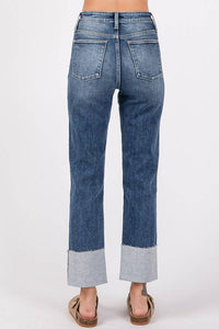 Remi High Rise Slim Straight Jeans – Dark Wash Cuffed Denim with Raw Hem