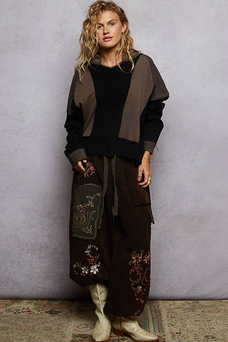 Notched Neck Contrast Fabric Basic Long Sleeve Top SALE: GREY MULTI / L