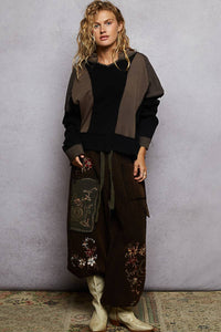 Notched Neck Contrast Fabric Basic Long Sleeve Top SALE: GREY MULTI / L