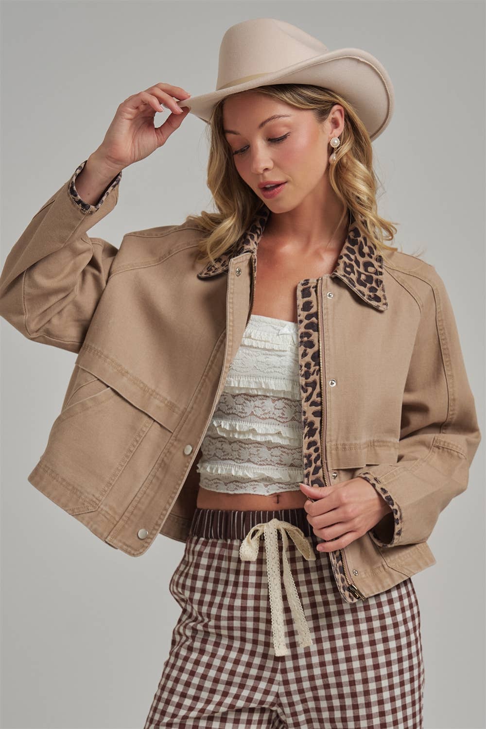 Just a Little Wild Barn Jacket: Taupe/ Leopard