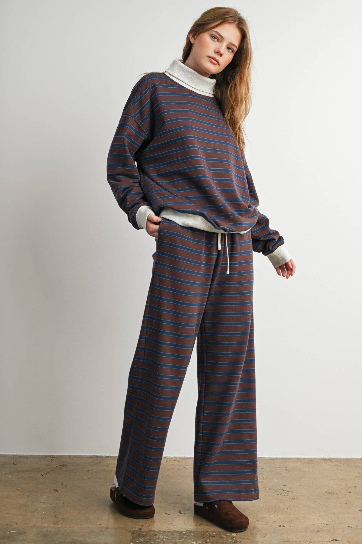 Sunday Slowdown Striped Sweatshirt: Navy/ Brown