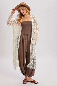 BOHO LONG LINE SIDE SLIT CROCHET CARDIGAN: NATURAL