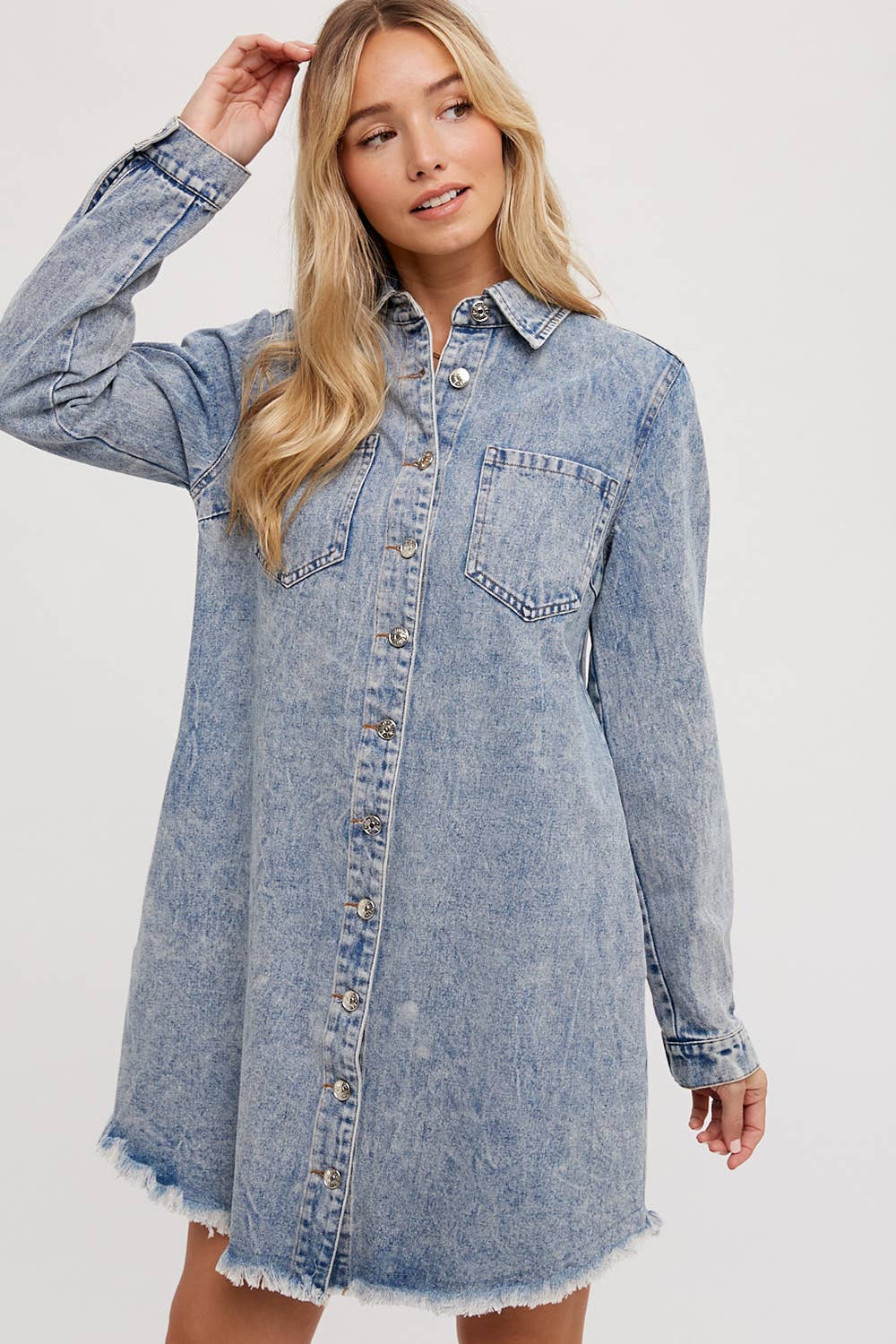 Billie Denim Distressed Long Sleeve Shirt Dress: Medium Wash