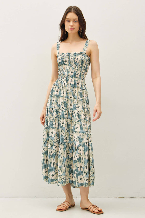 The Ellery Floral Tiered Midi Maxi Dress: Teal – Smocked Back Adjustable Strap Boutique Dress for Women