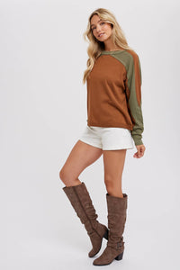 Sutton Contrast Sleeve Oversized Long Sleeve Top – Chestnut & Olive