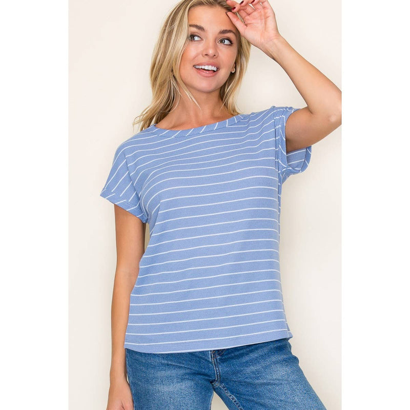 Brielle Boat Neck Thermal Stripe Tee | Casual Blue Striped Shirt