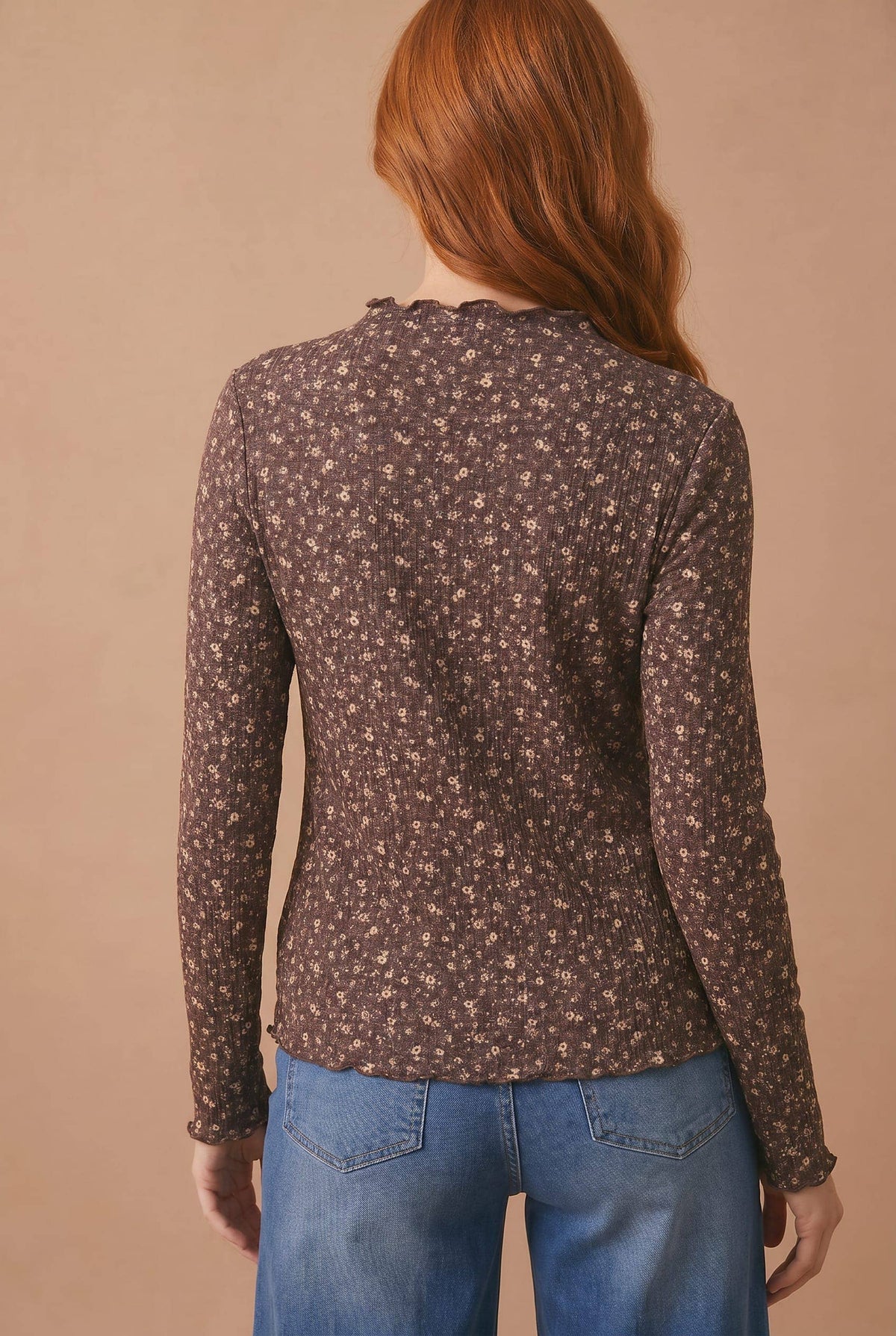 Meadow Mock Neck Floral Ribbed Top: Brown
