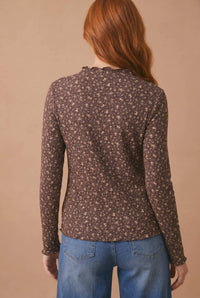 Meadow Mock Neck Floral Ribbed Top: Brown