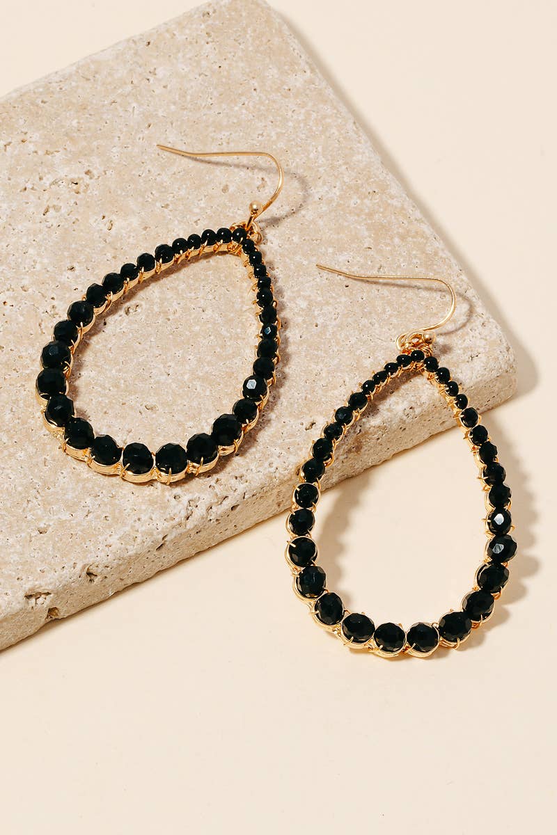 Faceted Beaded Tear Dangle Hook Earrings: Black