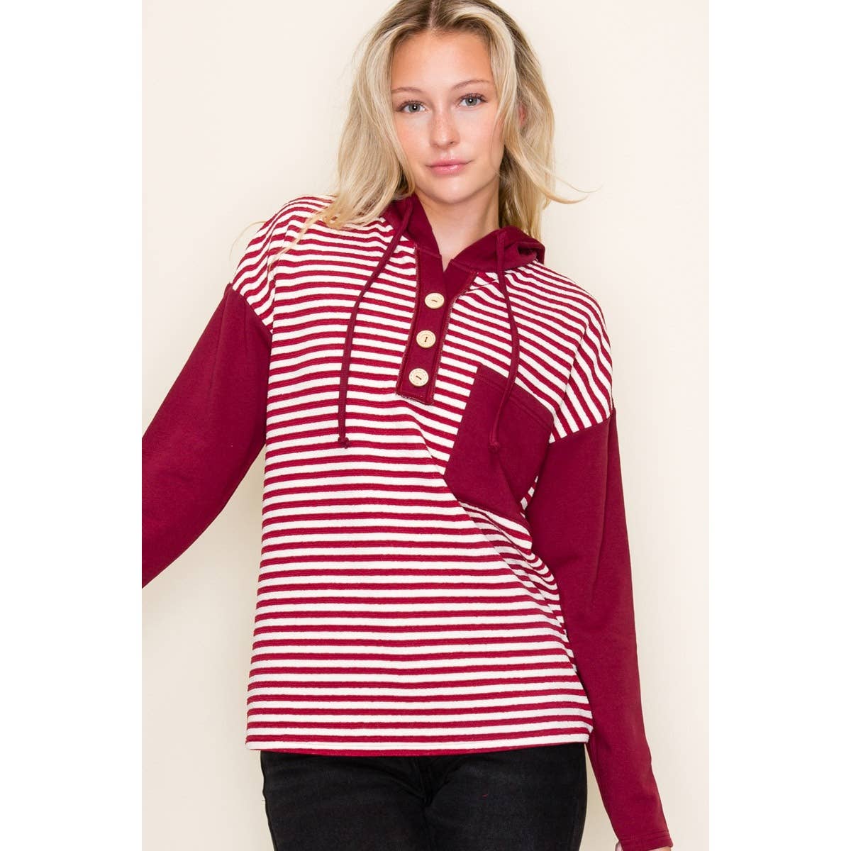 COLOR BLOCK STRIPED HOODIE TOP: OLIVE / S-M-L-XL(2-2-2-1)