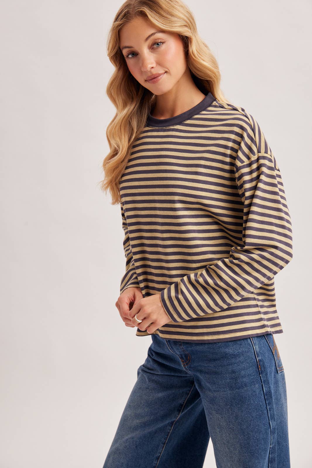 On Repeat Stripe Oversized Long Sleeve Top: Ash