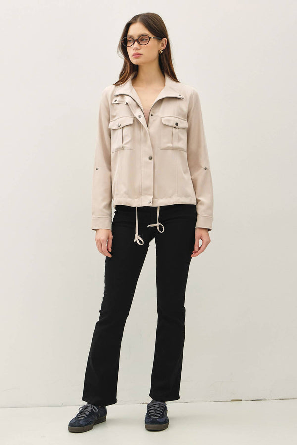 The Monroe Safari Utility Jacket: Natural – Cropped Soft Drawstring Casual Outerwear