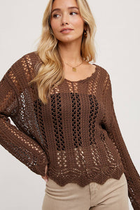 The Elowen Scalloped Hem Open Knit Pullover – Chocolate Brown Long Sleeve Sweater Top