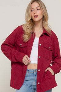 Amber Long Sleeve Front Pocket Button Down Corduroy Jacket: Burgundy