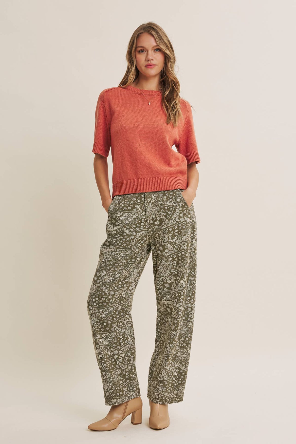 SUNFADED MARKET DAY  PAISLEY BARREL PANTS: ANTIQUE OLIVE