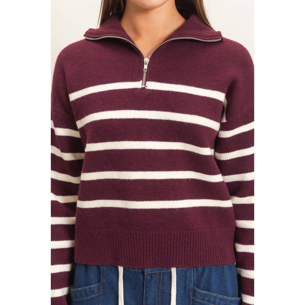 Varsity Stripe Quarter Zip Sweater: Dark Cherry