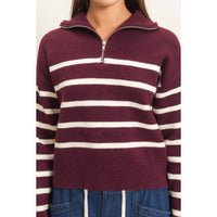 Varsity Stripe Quarter Zip Sweater: Dark Cherry