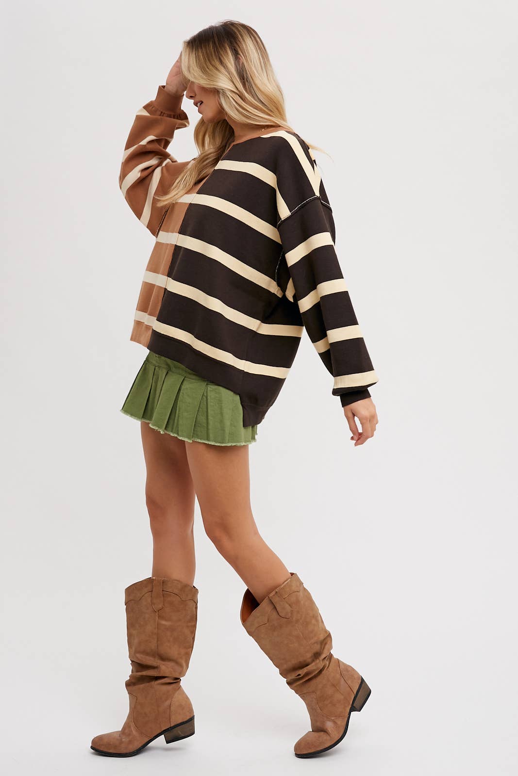 Nikki Striped Color Block Sweater: Mocha Combo