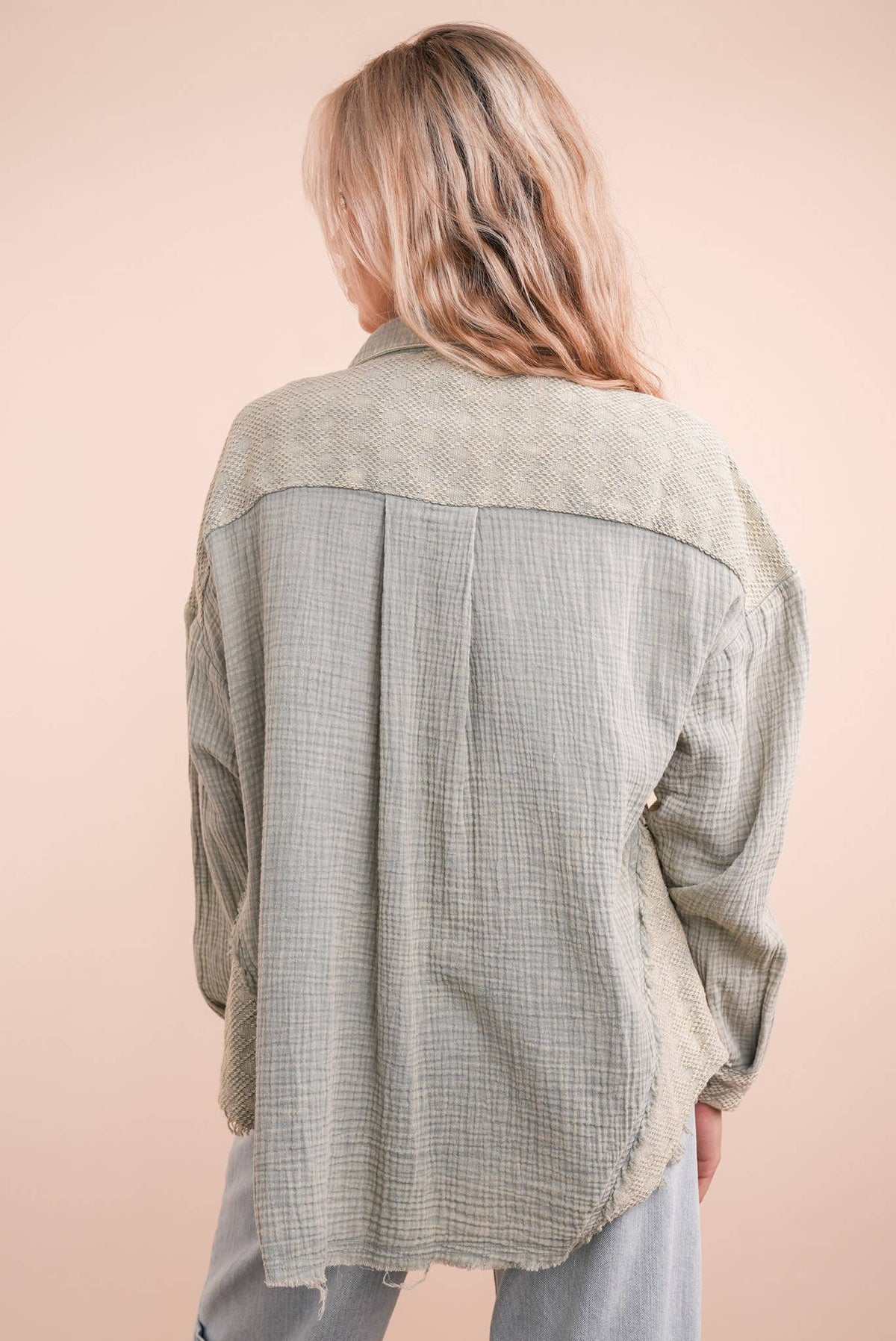 Harbor Breeze Mineral Washed Gauze Shacket – Mixed Fabric, Raw Edge Detai
