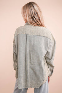 Harbor Breeze Mineral Washed Gauze Shacket – Mixed Fabric, Raw Edge Detai