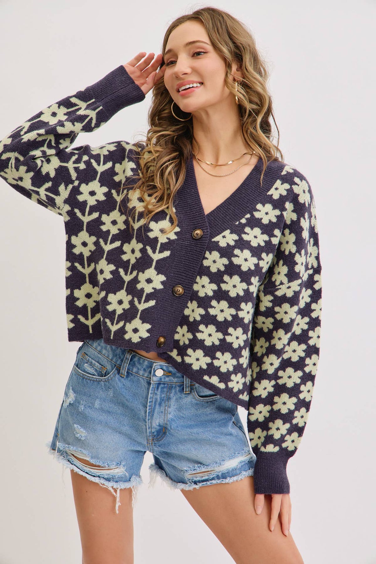 The Soleil Bold Floral Cardigan: Navy – Cropped V-Neck Boxy Sweater