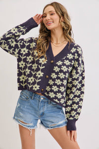 The Soleil Bold Floral Cardigan: Navy – Cropped V-Neck Boxy Sweater