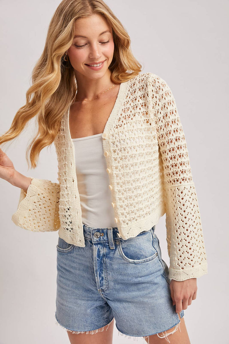Ivory Crochet Button Front Cardigan: Ecru