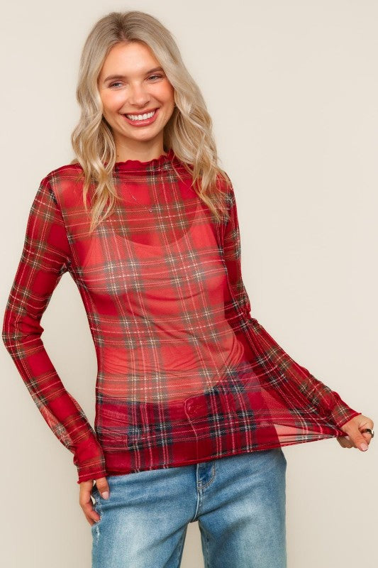 Festive Flannel Vibes Mesh Top – Red Plaid Sheer Long Sleeve Holiday Layer