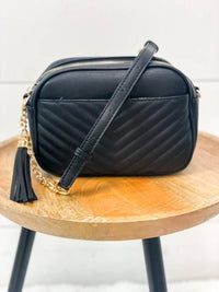 Veronica V-Stitch Tassel Crossbody Bag – Coffee & Stone | Faux Leather Small Purse with Double Zipper Top, Adjustable Strap, Gold Hardware