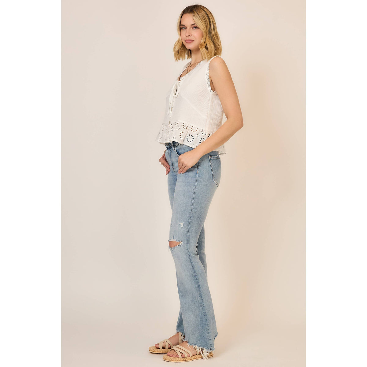 Ivory Eyelet Peplum Tie Front Top: Off White
