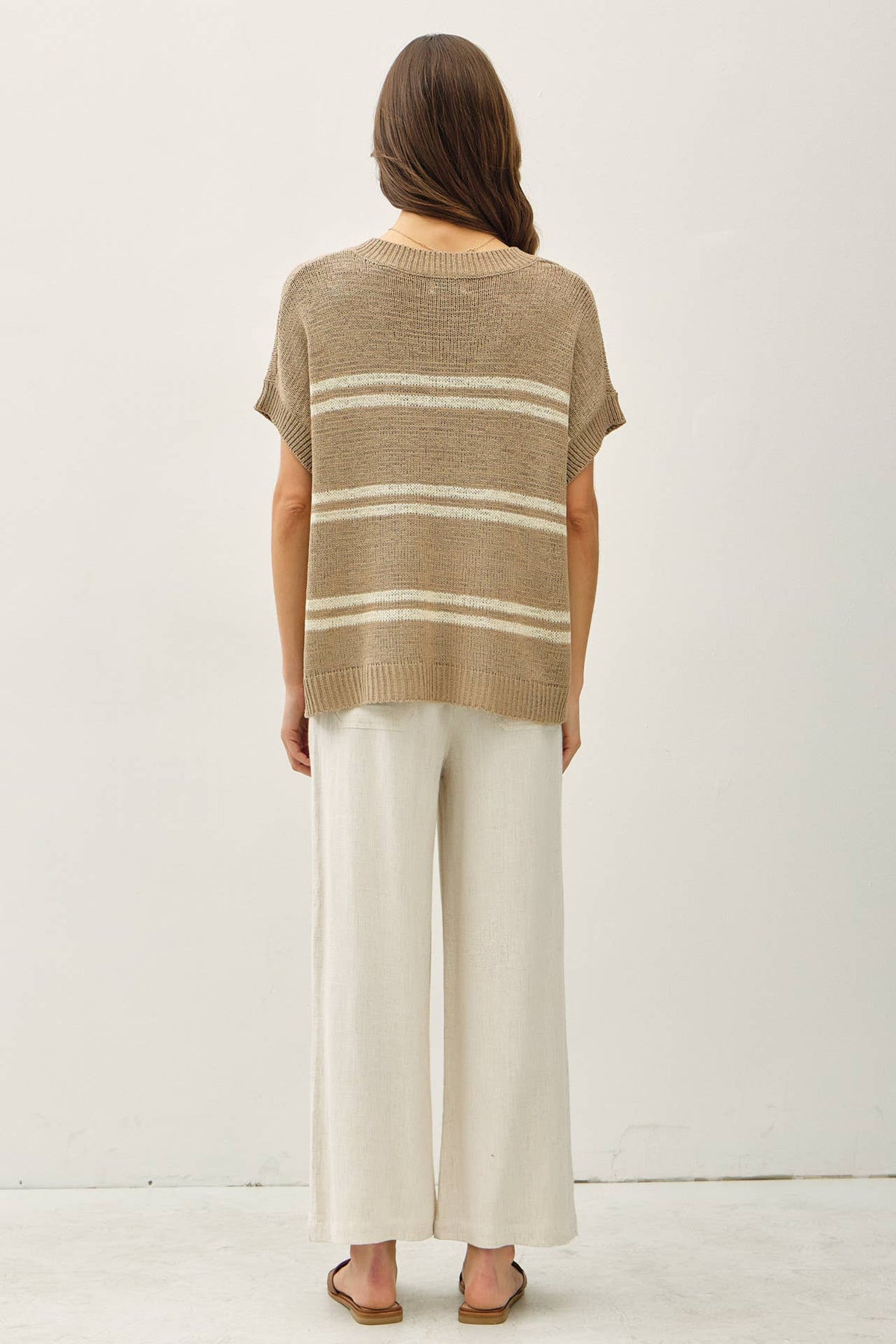 The Elodie Striped V-Neck Sweater: Taupe  – Oversized Lightweight Cap Sleeve Knit Top