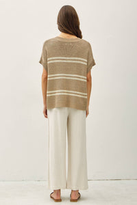 The Elodie Striped V-Neck Sweater: Taupe  – Oversized Lightweight Cap Sleeve Knit Top